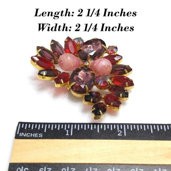Vintage Purple Red Glass Rhinestone Brooch, Pink Lucite Beads, 2 1/4 Inches - Picture 8 of 8